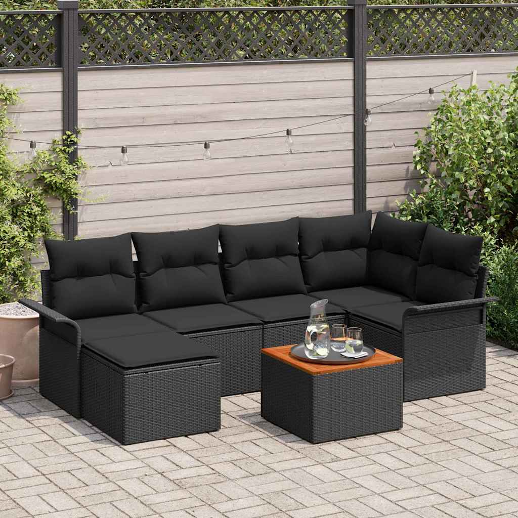 7-tlg. Garten-Sofagarnitur mit Kissen Schwarz Poly Rattan