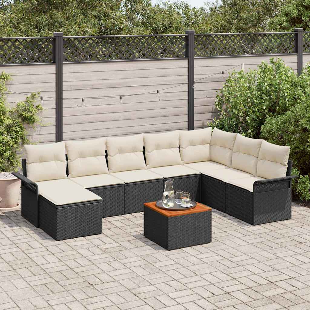 9-tlg. Garten-Sofagarnitur mit Kissen Schwarz Poly Rattan