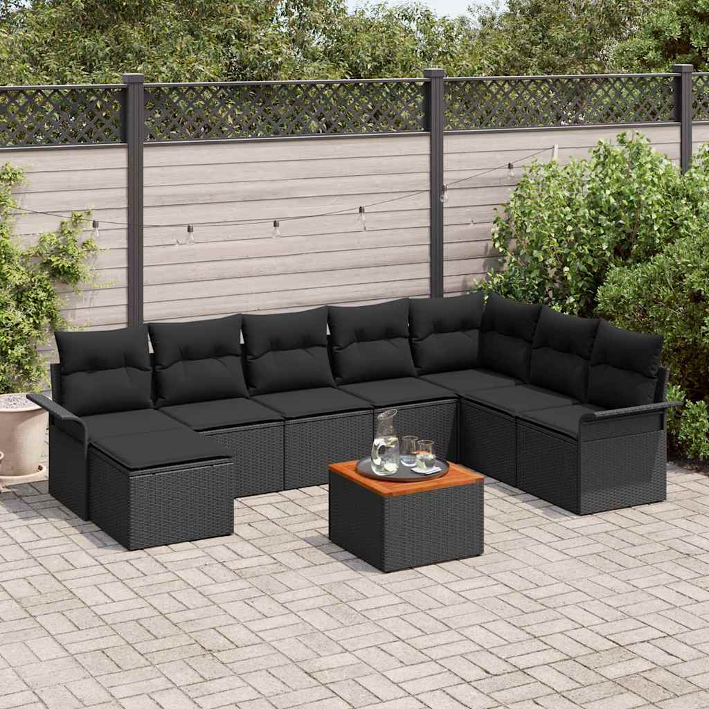 9-tlg. Garten-Sofagarnitur mit Kissen Schwarz Poly Rattan