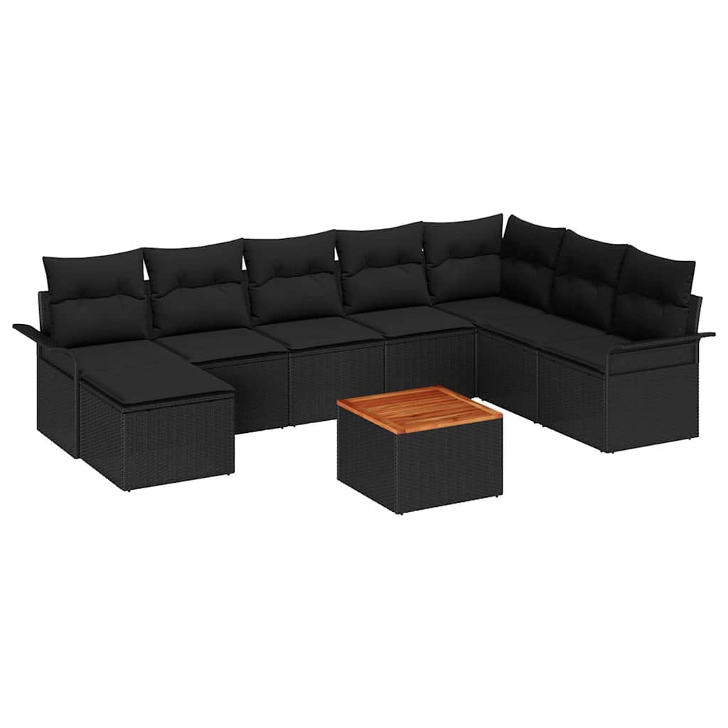 9-tlg. Garten-Sofagarnitur mit Kissen Schwarz Poly Rattan