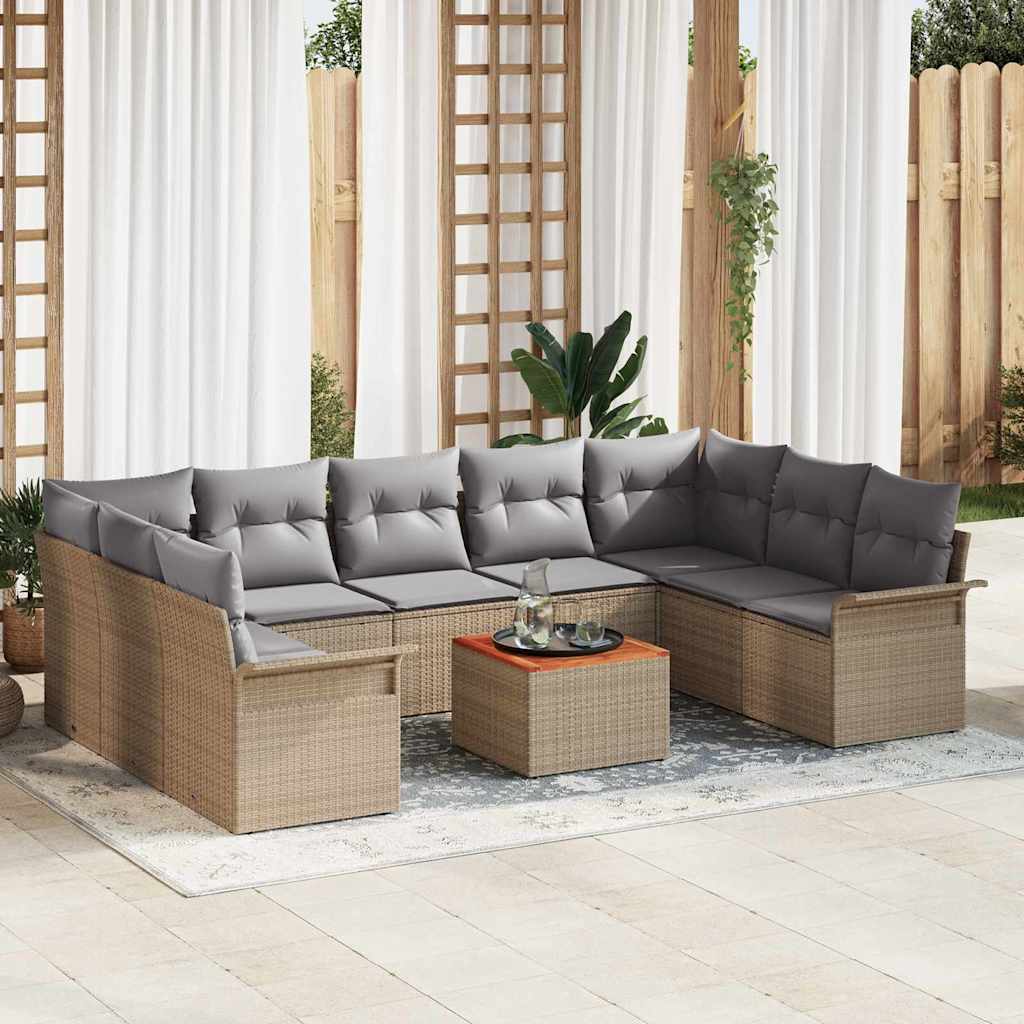 10-tlg. Garten-Sofagarnitur mit Kissen Beige Poly Rattan