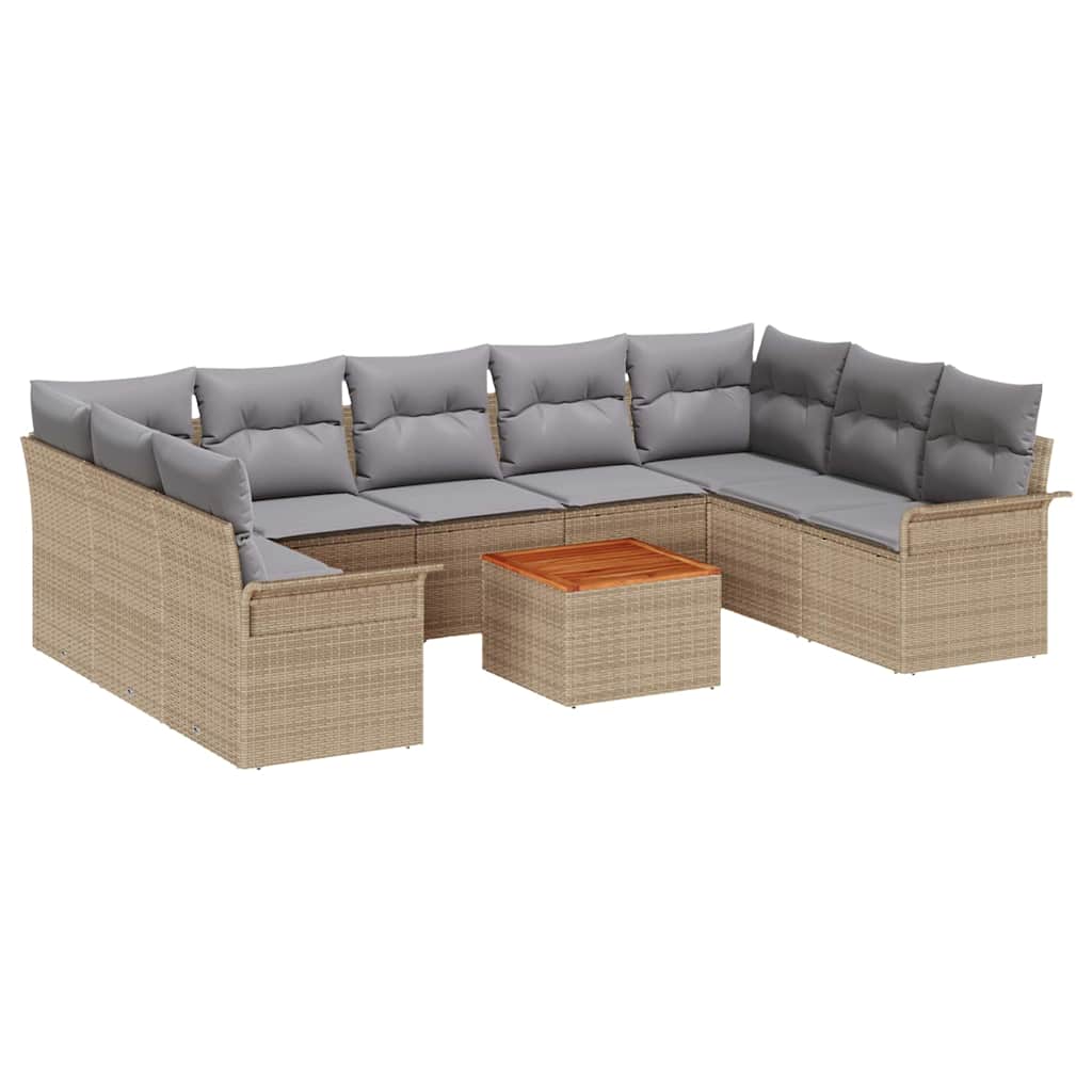 10-tlg. Garten-Sofagarnitur mit Kissen Beige Poly Rattan