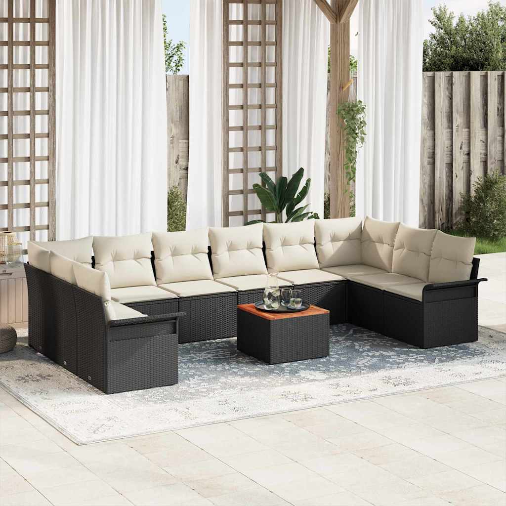 11-tlg. Garten-Sofagarnitur mit Kissen Schwarz Poly Rattan
