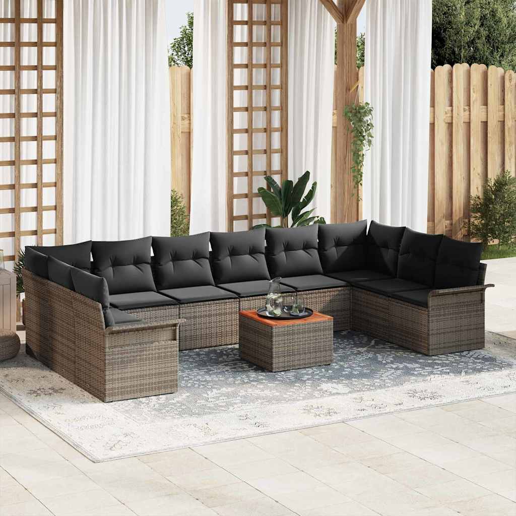 11-tlg. Garten-Sofagarnitur mit Kissen Grau Poly Rattan