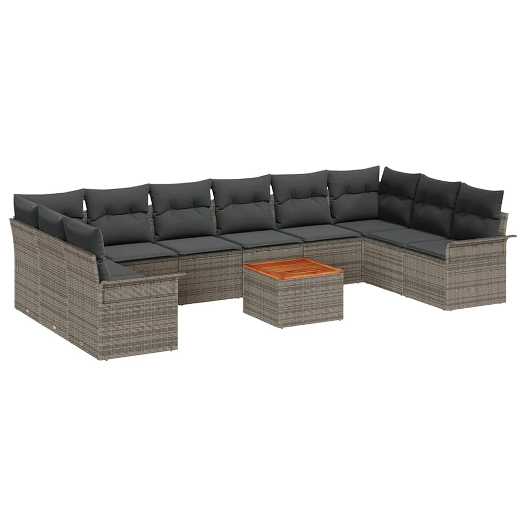 11-tlg. Garten-Sofagarnitur mit Kissen Grau Poly Rattan