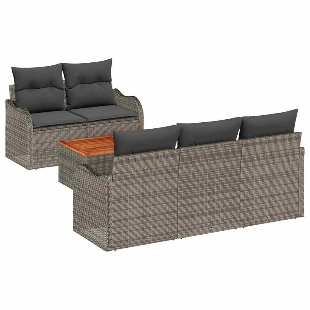 6-tlg. Garten-Sofagarnitur mit Kissen Grau Poly Rattan Akazie