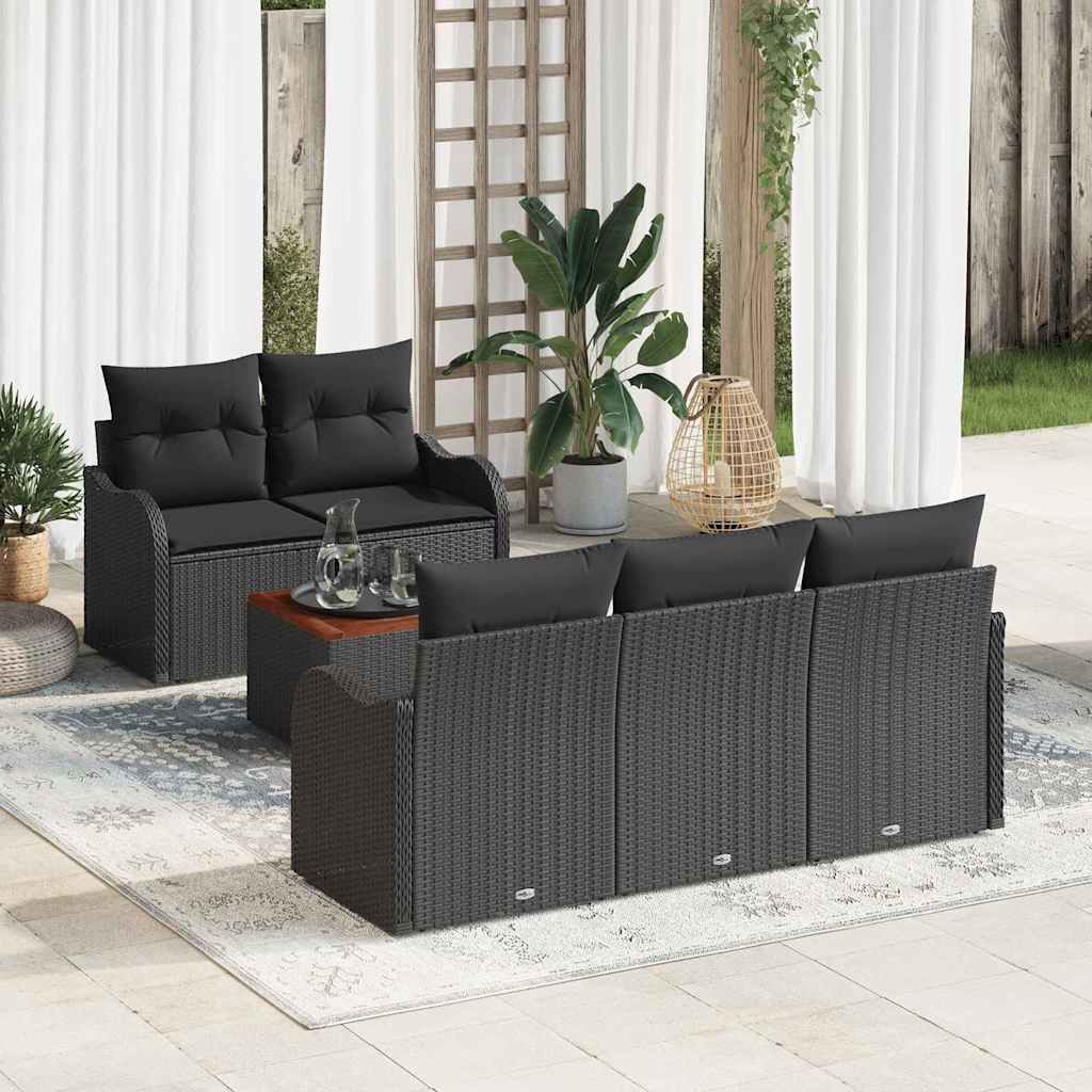 6-tlg. Garten-Sofagarnitur mit Kissen Schwarz Poly Rattan