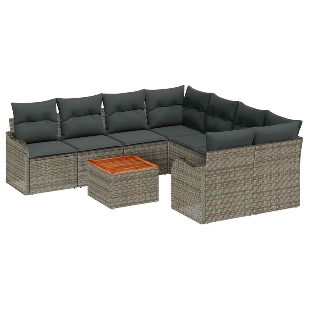 9-teilige Garten Sofa Set mit Kissen Grau Poly Rattan Akazie
