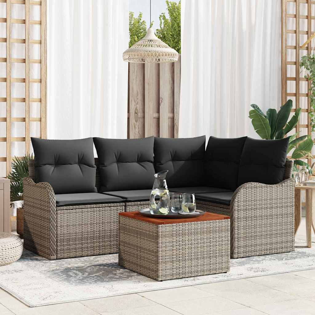5-teiliges Garten-Sofa-Set mit Kissen Grau Poly-Rattan Akazie