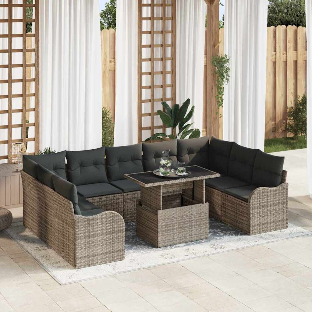 10-teilige Garten Sofa Set mit Kissen Grau Poly Rattan