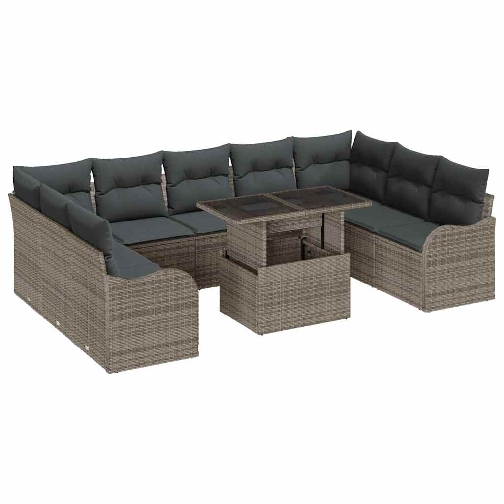 10-teilige Garten Sofa Set mit Kissen Grau Poly Rattan