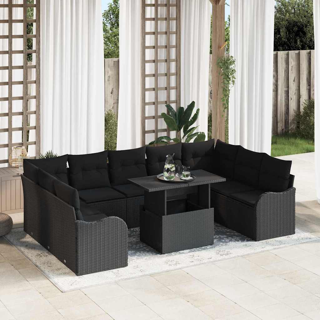 10-teilige Garten Sofa Set mit Kissen Schwarz Poly Rattan