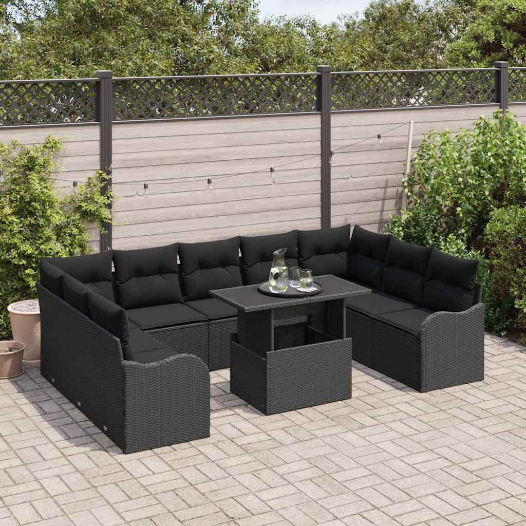 10-teilige Garten Sofa Set mit Kissen Schwarz Poly Rattan