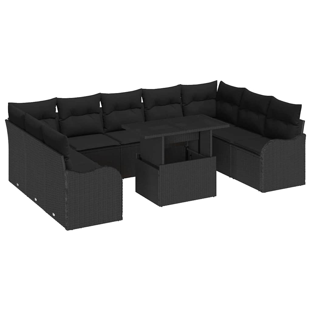 10-teilige Garten Sofa Set mit Kissen Schwarz Poly Rattan