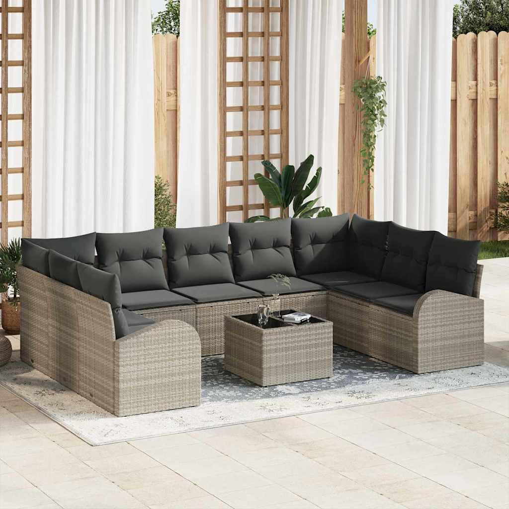 10-teiliges Garten Sofa Set mit Kissen Grau Poly Rattan
