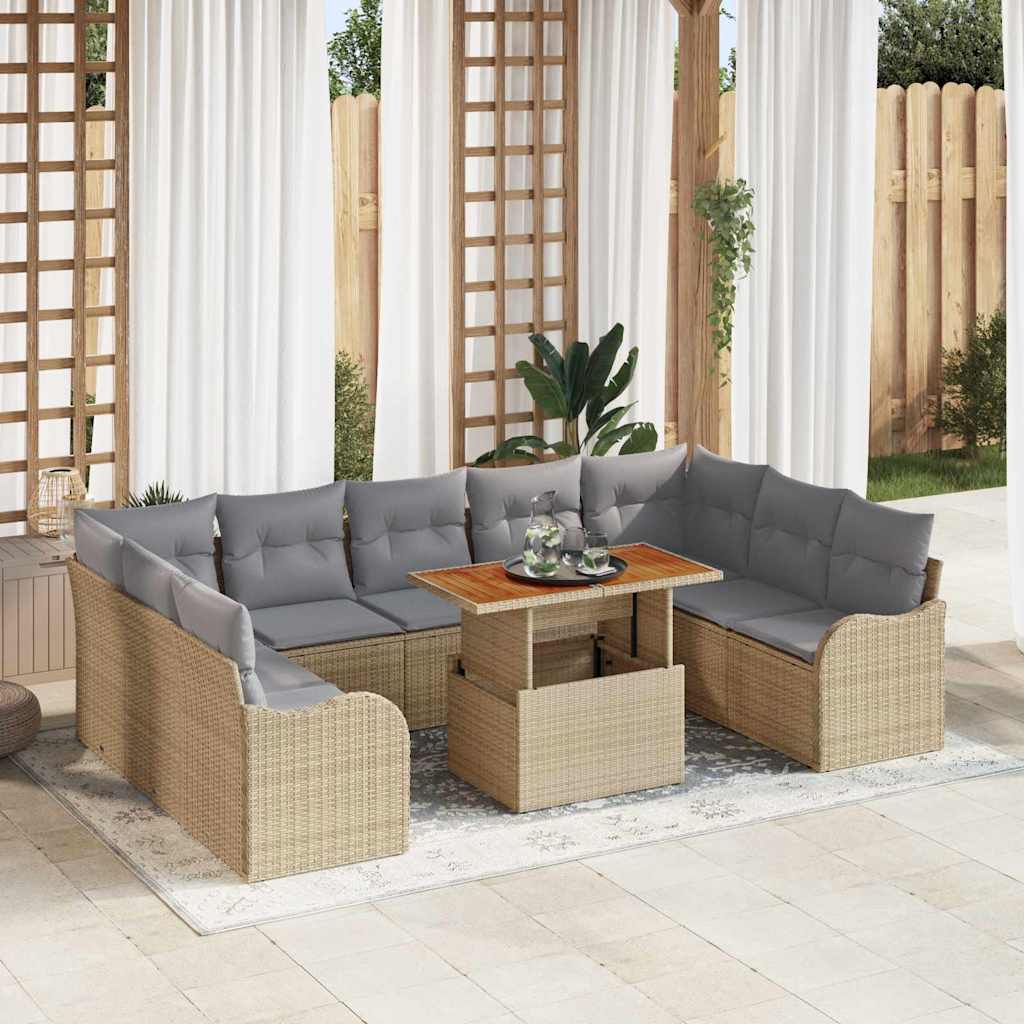 10-teiliges Garten Sofa Set mit Kissen Beige Poly Rattan