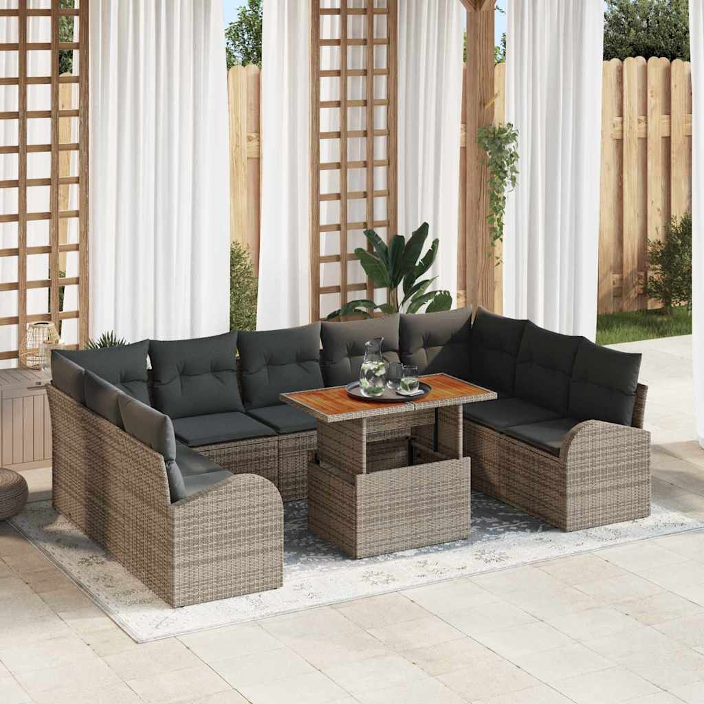 10-teilige Garten Sofa Set mit Kissen Grau Poly Rattan