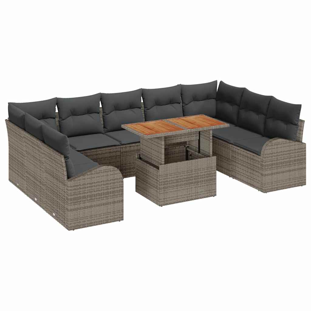 10-teilige Garten Sofa Set mit Kissen Grau Poly Rattan