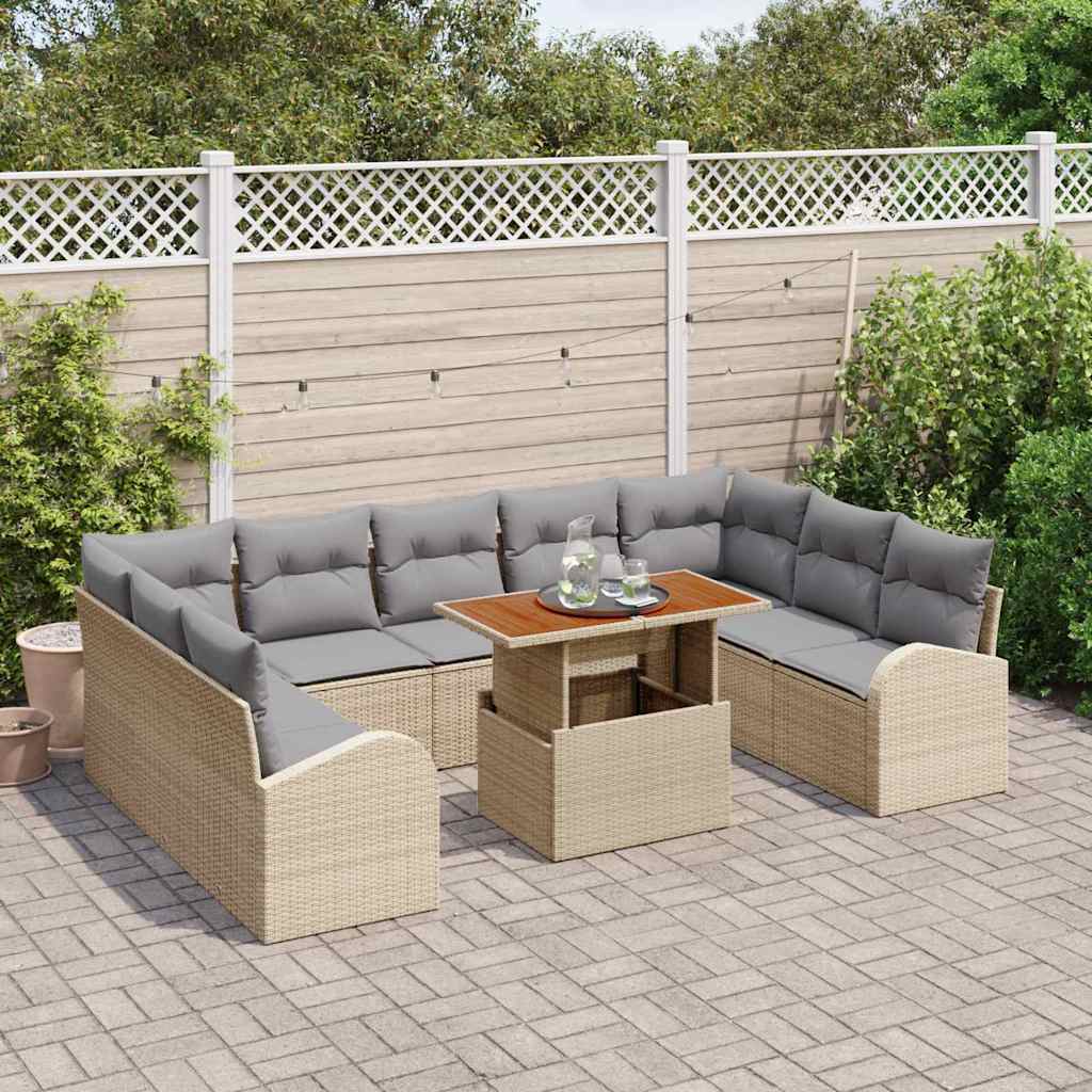 10-teiliges Garten Sofa Set mit Kissen Beige Poly Rattan