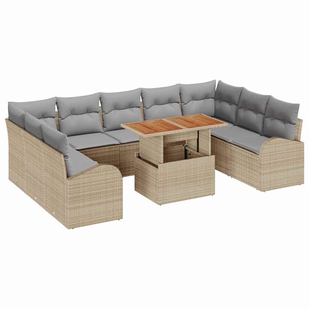 10-teiliges Garten Sofa Set mit Kissen Beige Poly Rattan