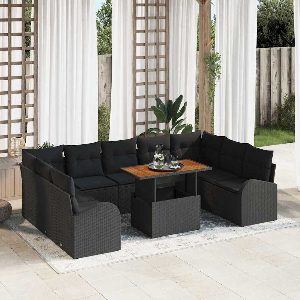 10-teilige Garten Sofa Set mit Kissen Schwarz Poly Rattan
