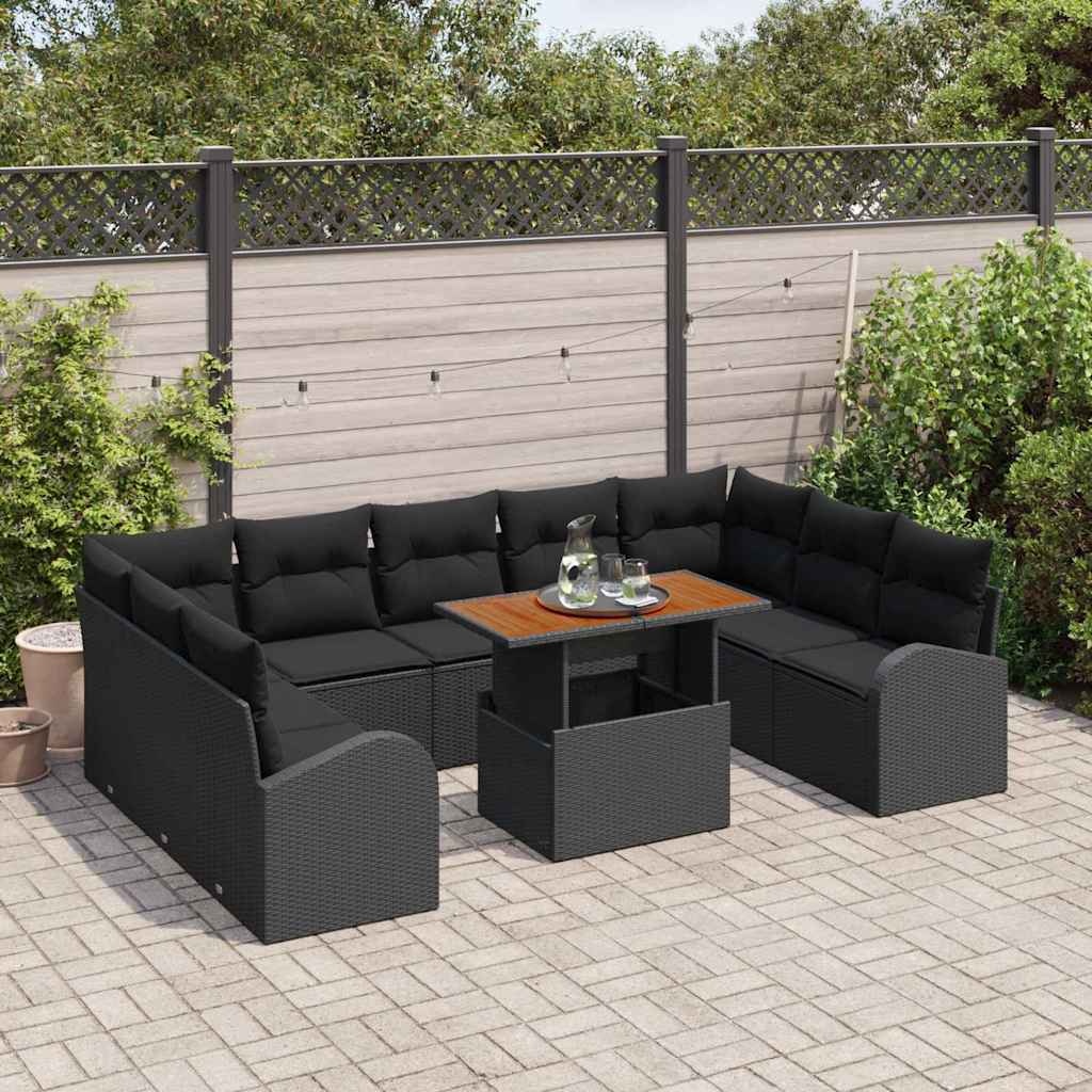 10-teilige Garten Sofa Set mit Kissen Schwarz Poly Rattan