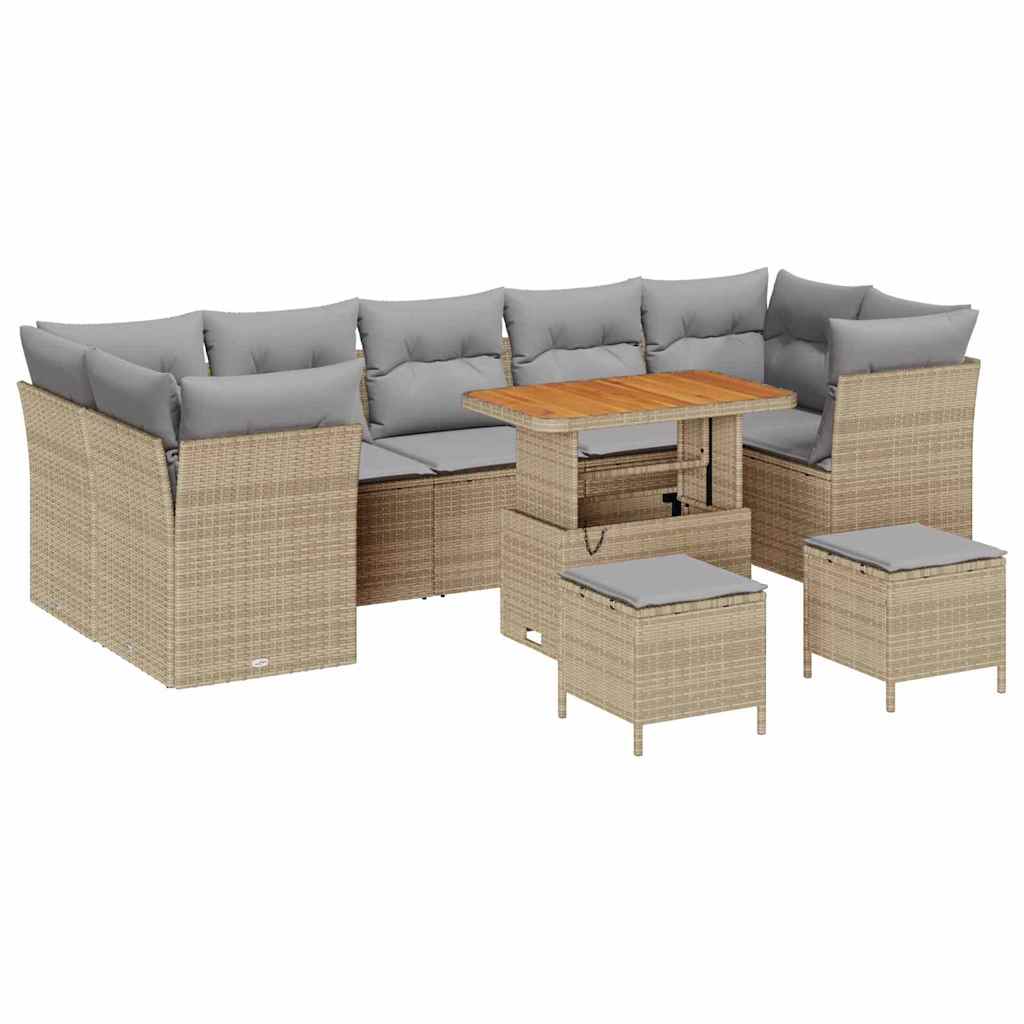 10-teiliges Garten Sofa Set mit Kissen Beige Poly Rattan Akazie