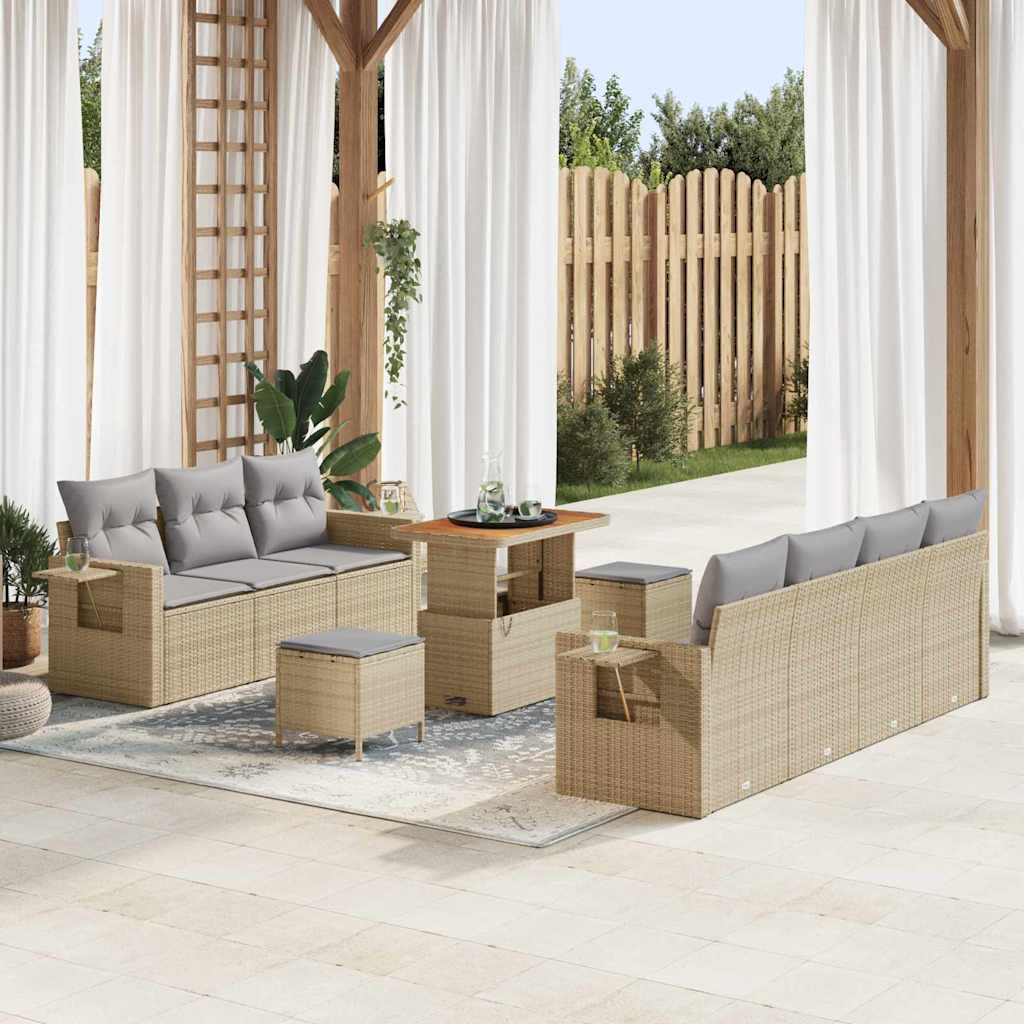 10-teiliges Garten Sofa Set mit Kissen Beige Poly Rattan
