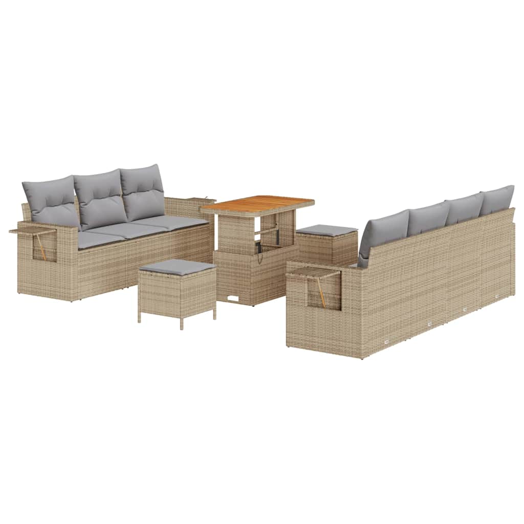 10-teiliges Garten Sofa Set mit Kissen Beige Poly Rattan