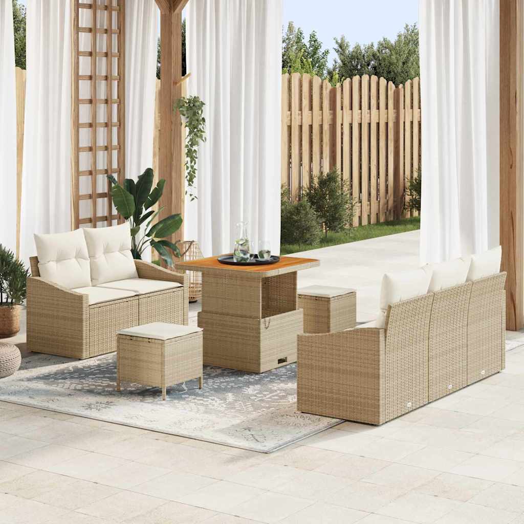 8-teiliges Garten Sofa Set mit Kissen Beige Poly Rattan Akazie