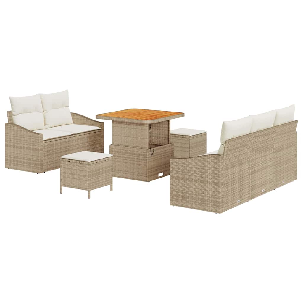 8-teiliges Garten Sofa Set mit Kissen Beige Poly Rattan Akazie