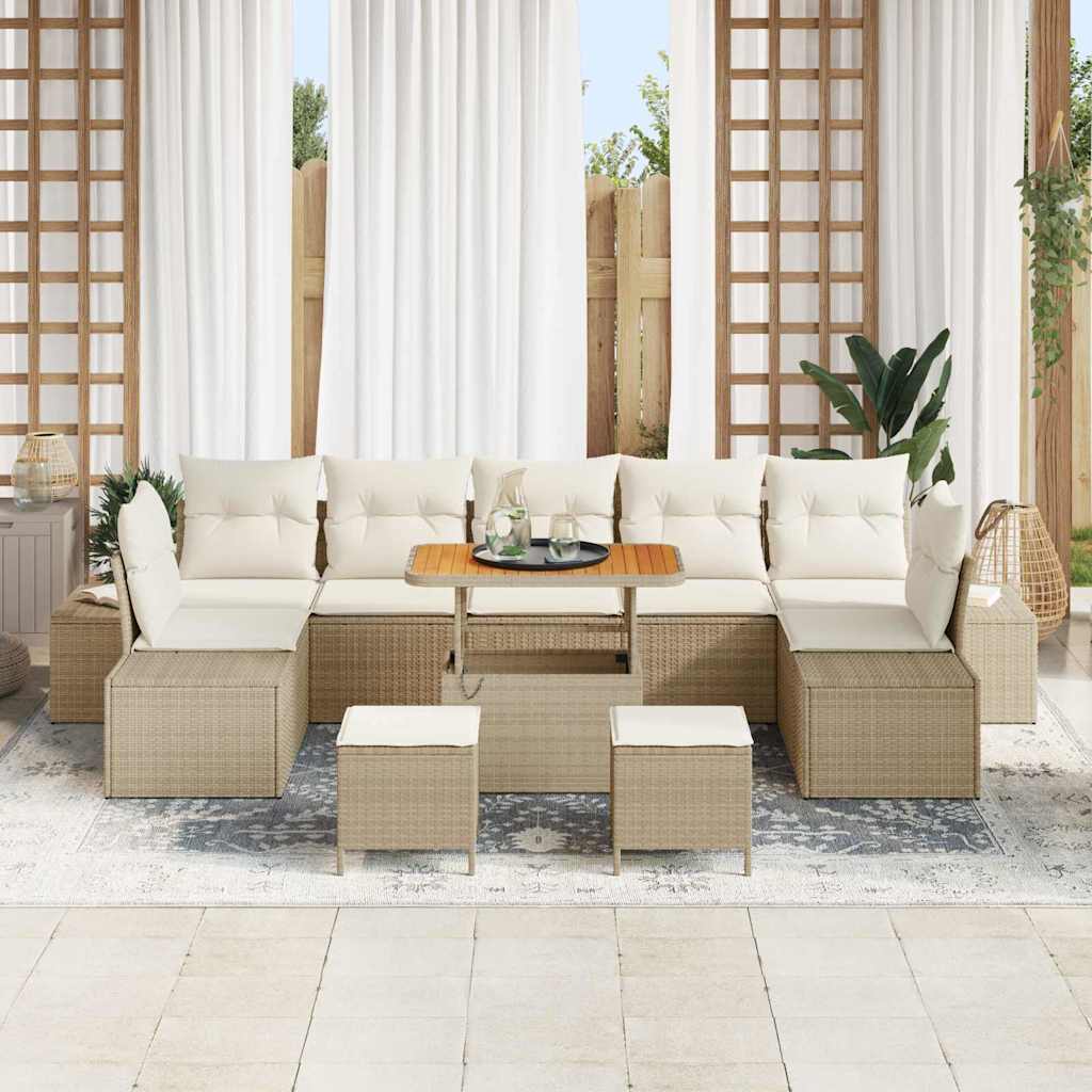 10-teiliger Garten Sofa Set mit Kissen Beige Poly Rattan Akazie