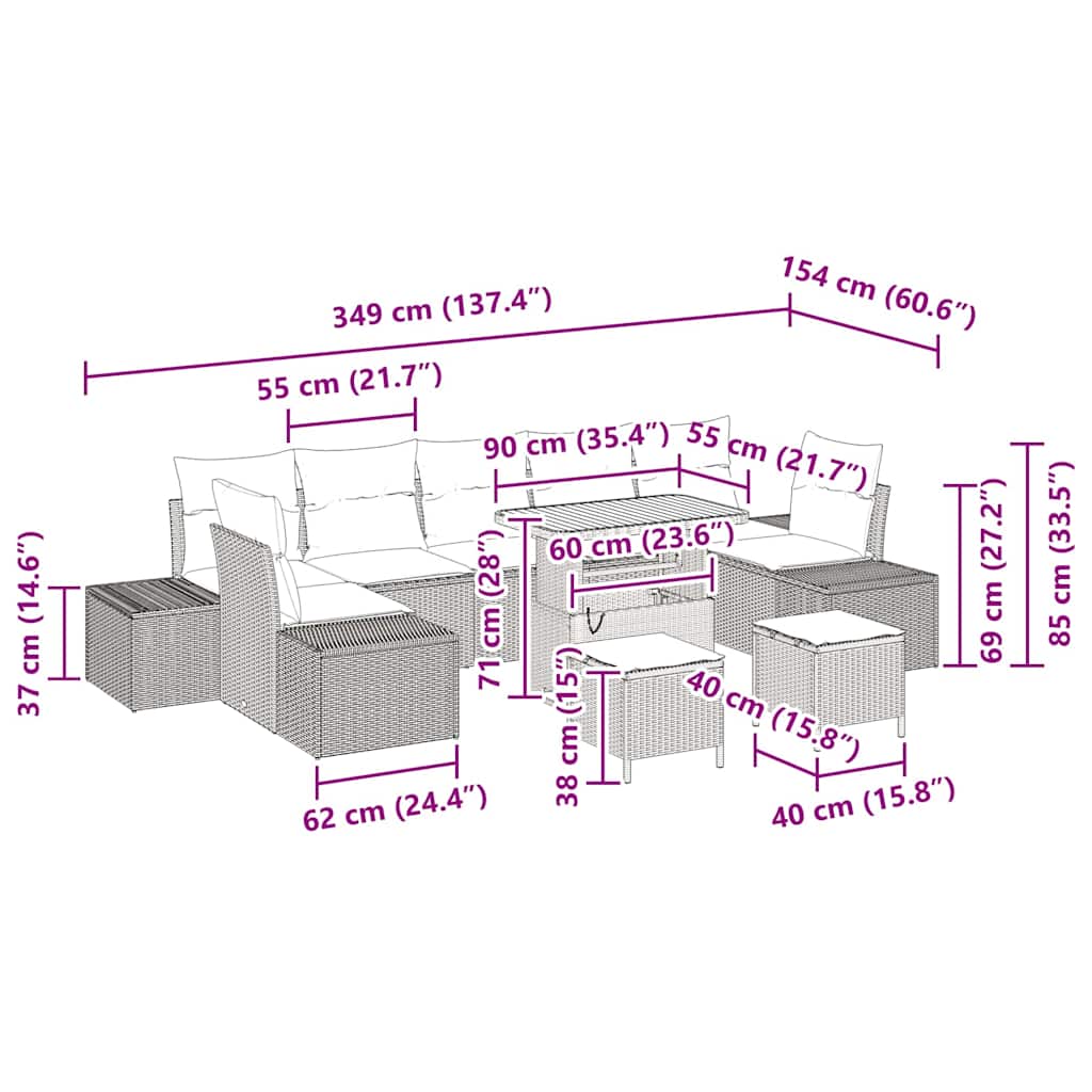 10-teiliger Garten Sofa Set mit Kissen Beige Poly Rattan Akazie