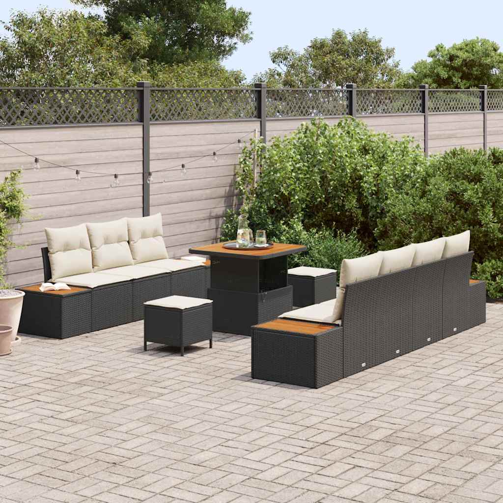 10-teilige Garten Sofa Set mit Kissen Schwarz Poly-Rattan Akazie