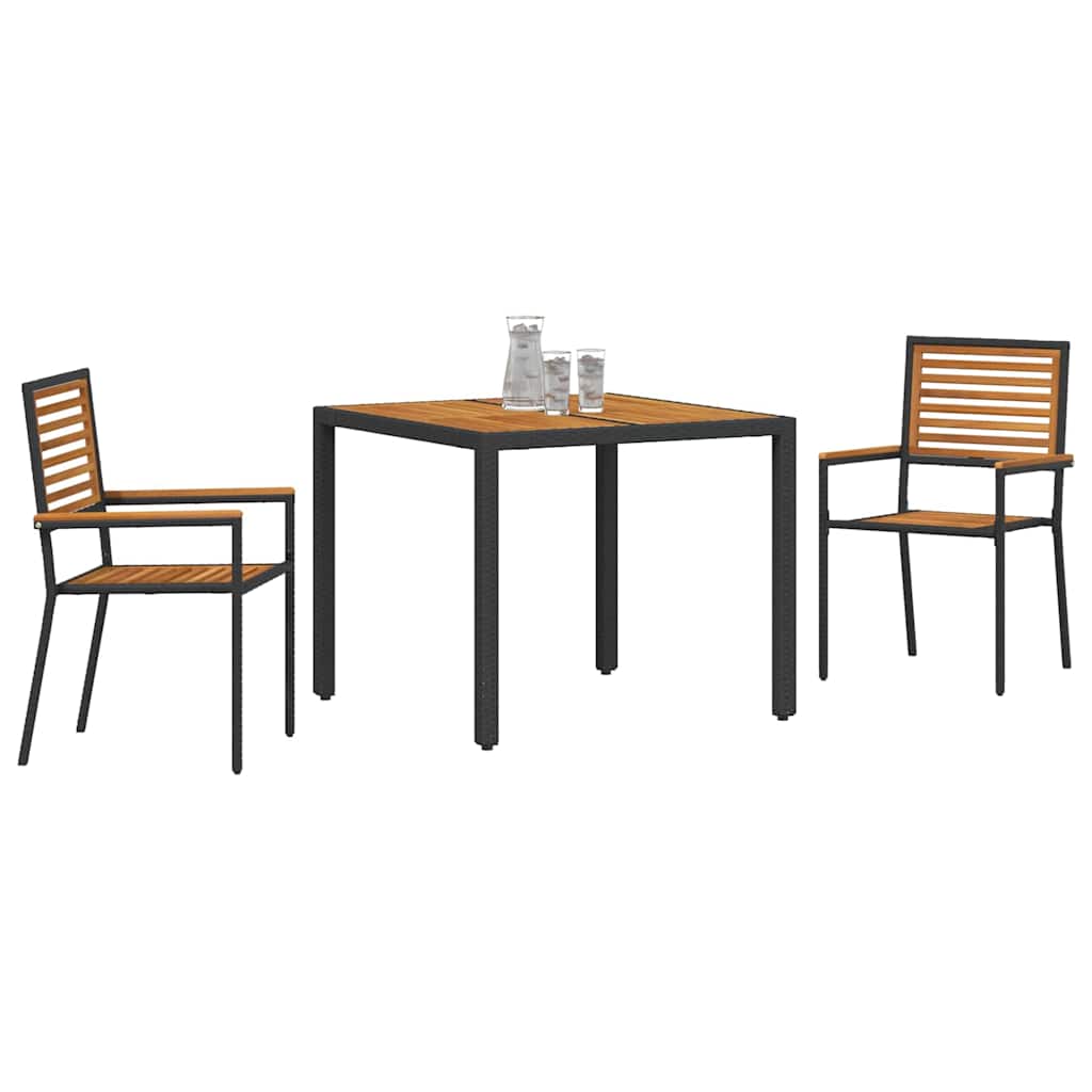 3-teiliges Garten Essset Schwarz Poly Rattan Akazie