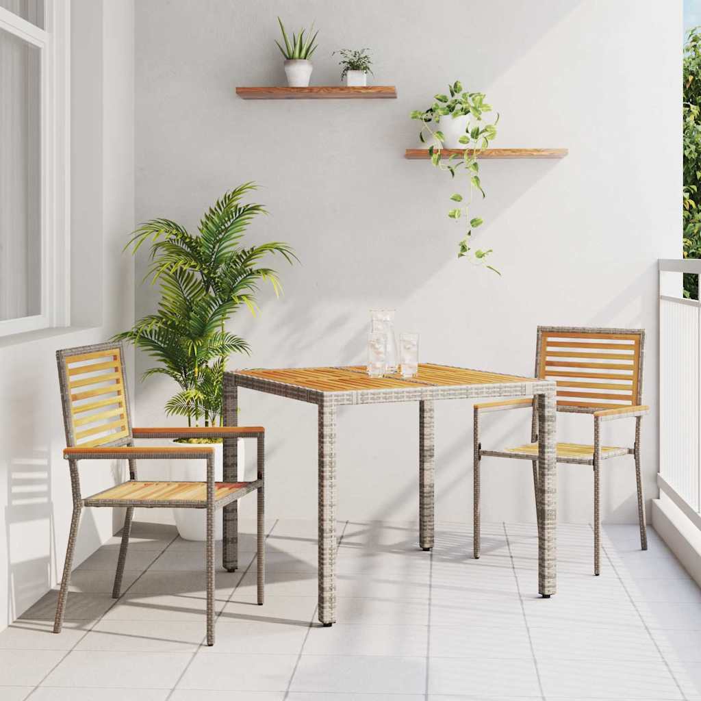 3-teiliges Garten Esstischset Grau Poly-Rattan Akazie