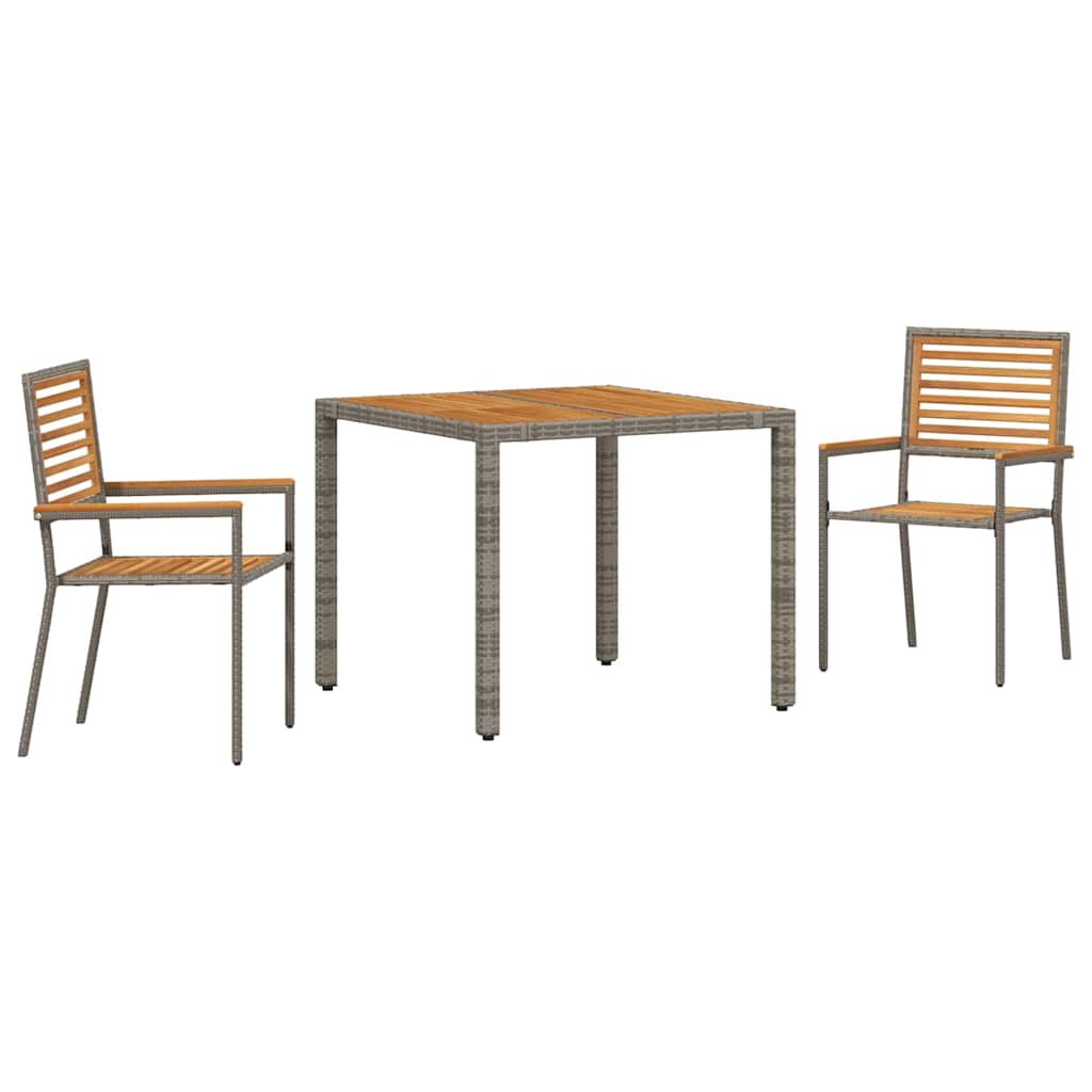 3-teiliges Garten Esstischset Grau Poly-Rattan Akazie