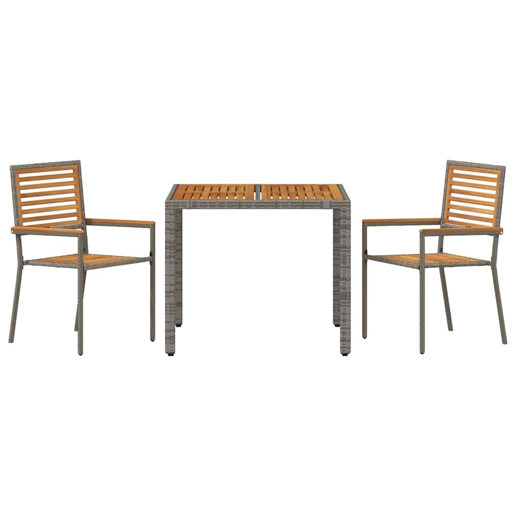 3-teiliges Garten Esstischset Grau Poly-Rattan Akazie