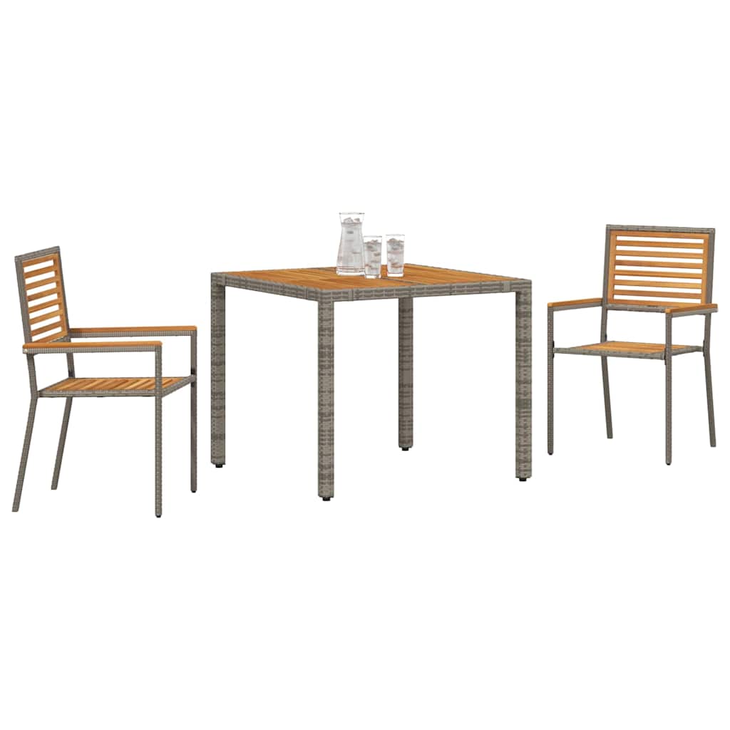 3-teiliges Garten Esstischset Grau Poly-Rattan Akazie