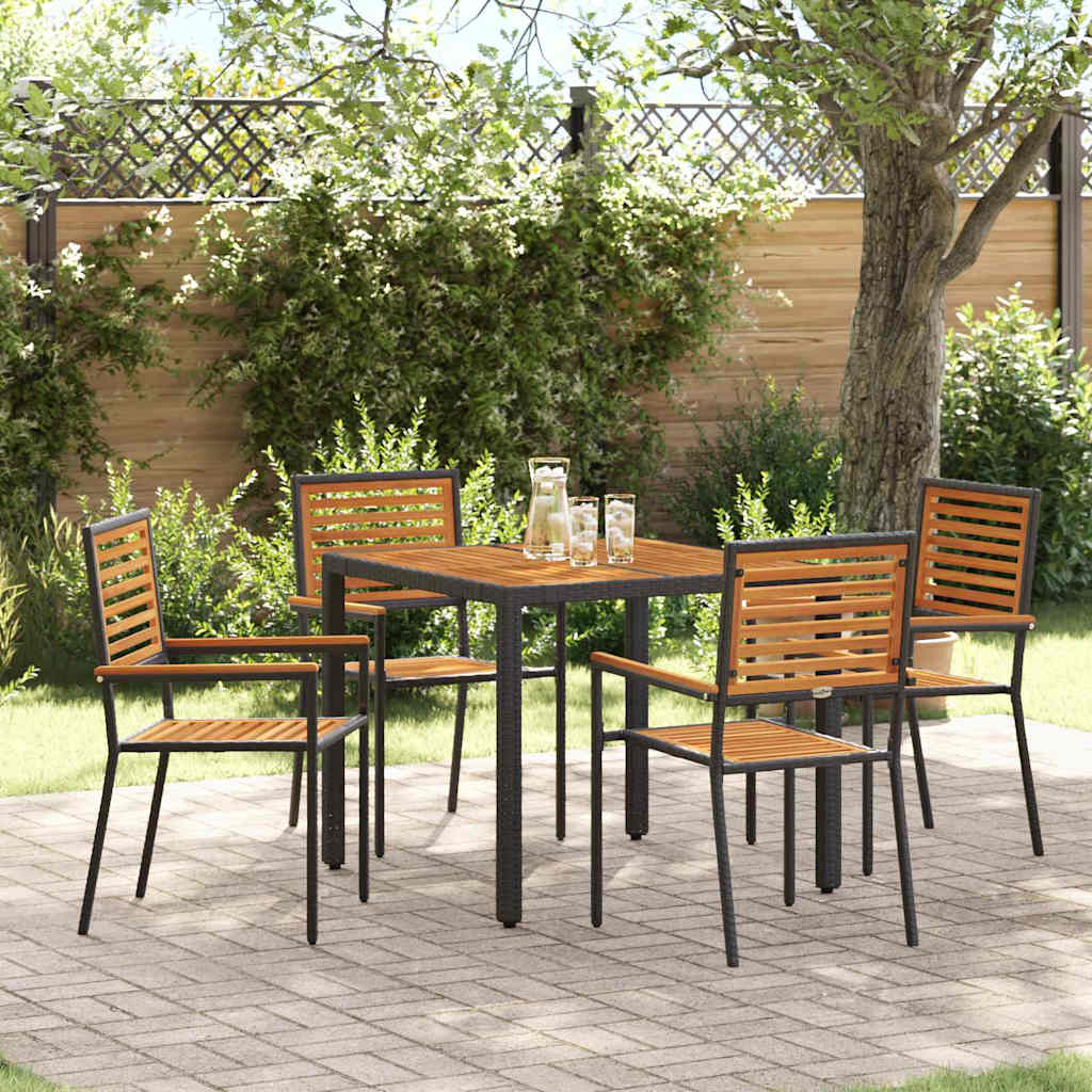 5-teiliges Garten-Essgruppen-Set Schwarz Poly Rattan Akazie