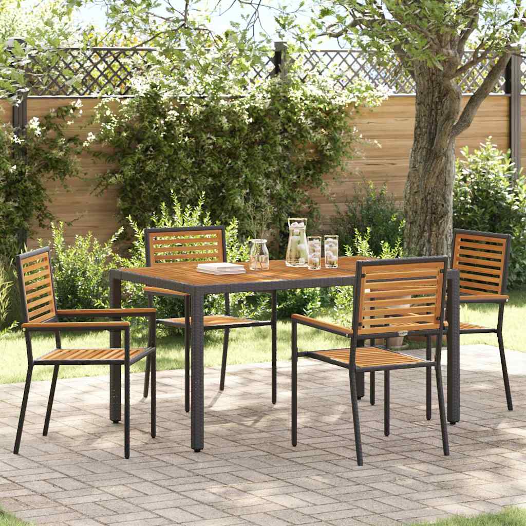 5-teiliges Garten Esstisch Set Schwarz Poly Rattan Akazie