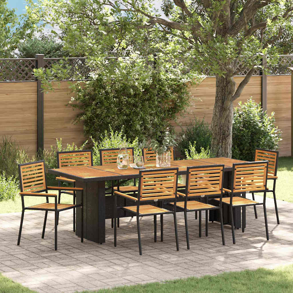 9-teiliges Garten Esstisch Set Schwarz Poly Rattan Akazie