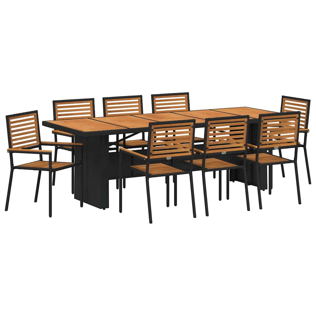 9-teiliges Garten Esstisch Set Schwarz Poly Rattan Akazie