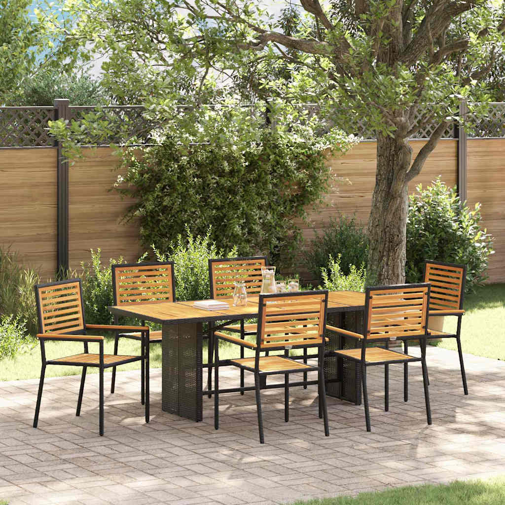 7-teiliges Garten Esszimmer Set Schwarz Poly Rattan Akazie