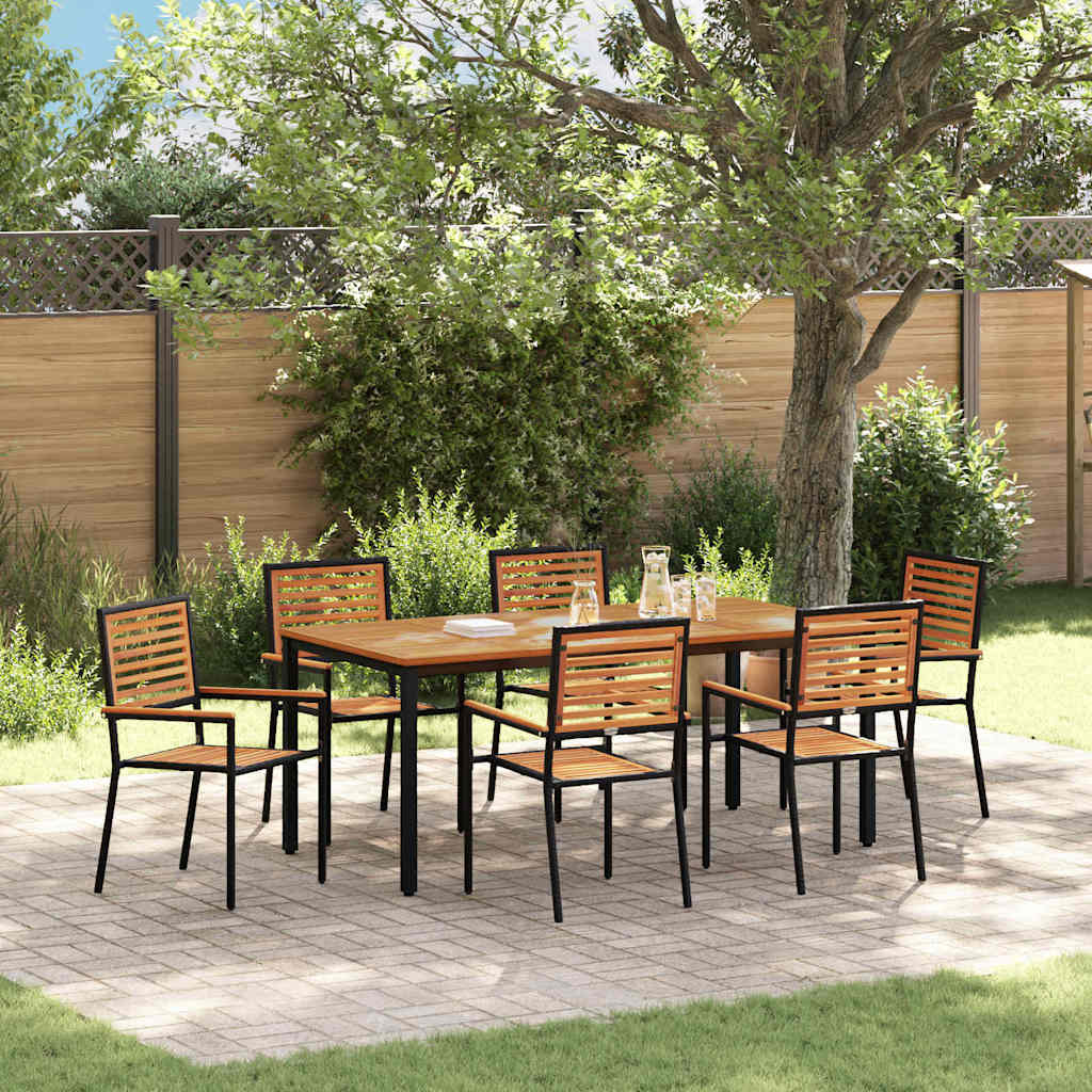 7-teiliges Garten Esszimmer Set Schwarz Poly Rattan Akazie