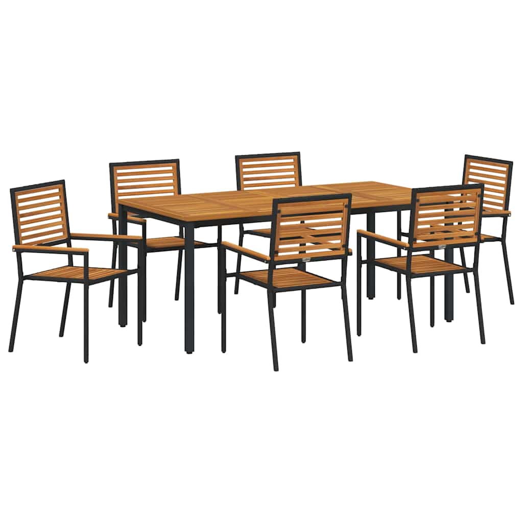 7-teiliges Garten Esszimmer Set Schwarz Poly Rattan Akazie