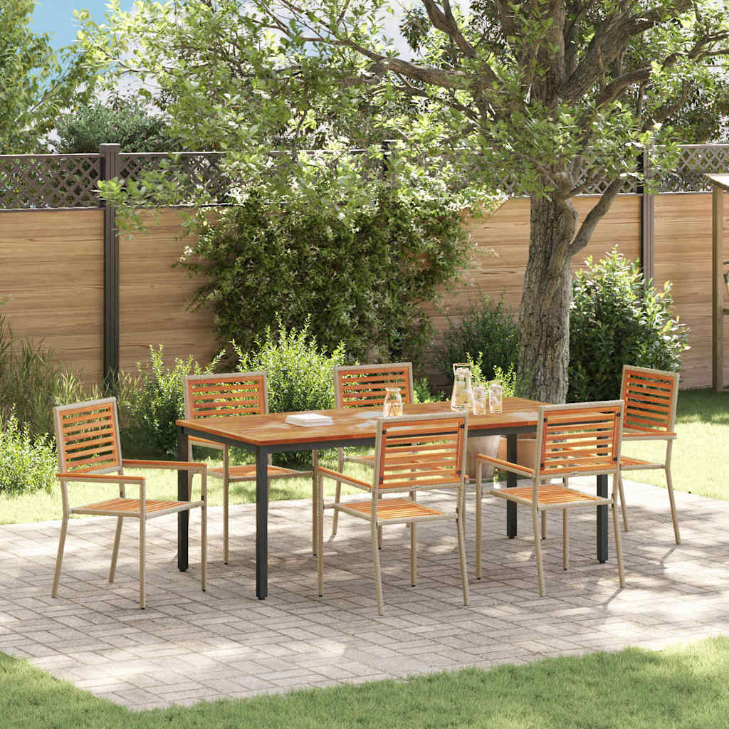 7-teiliges Garten Esszimmer Set Beige Poly Rattan Akazie