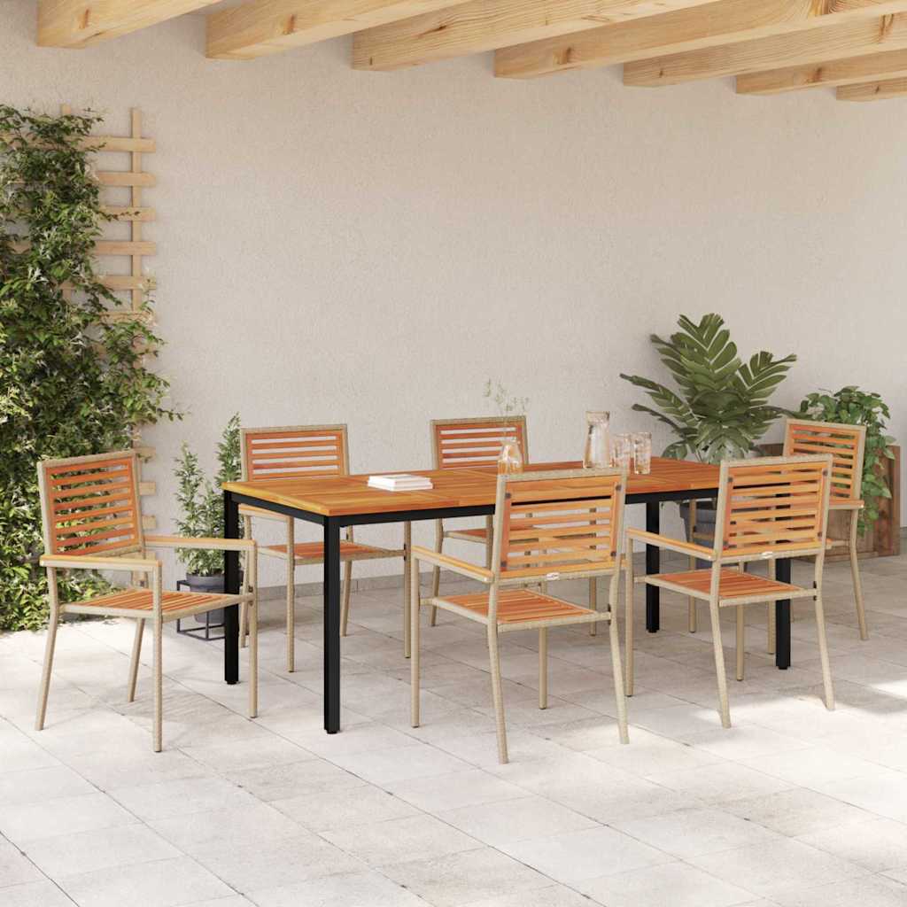 7-teiliges Garten Esszimmer Set Beige Poly Rattan Akazie