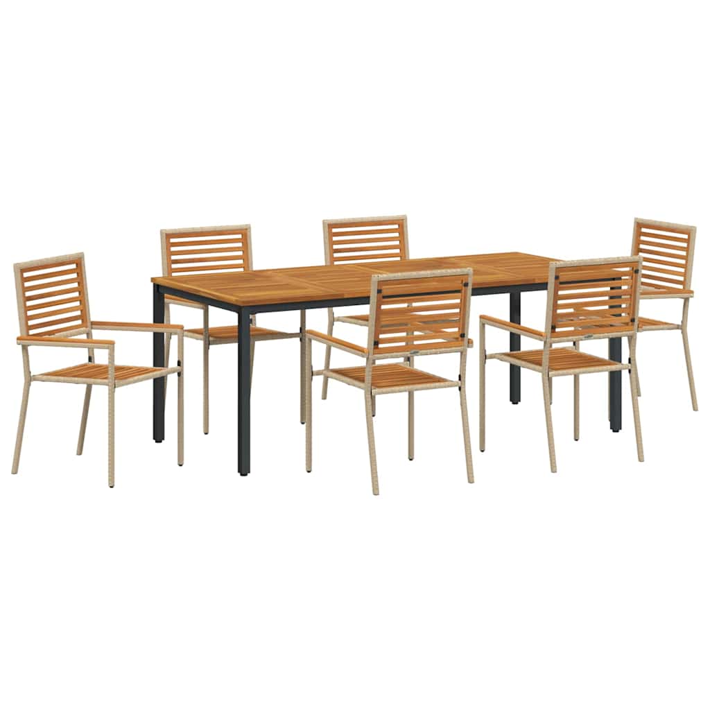 7-teiliges Garten Esszimmer Set Beige Poly Rattan Akazie