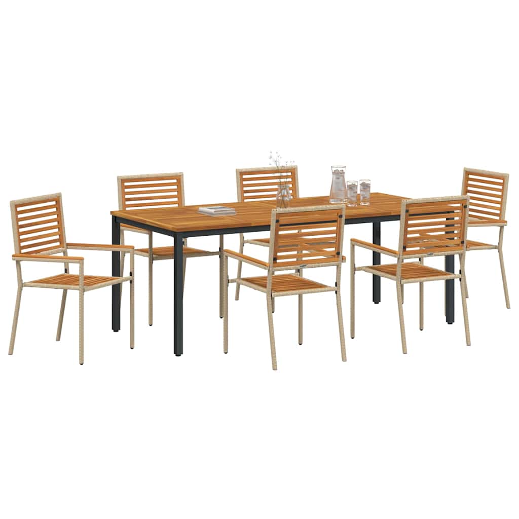 7-teiliges Garten Esszimmer Set Beige Poly Rattan Akazie